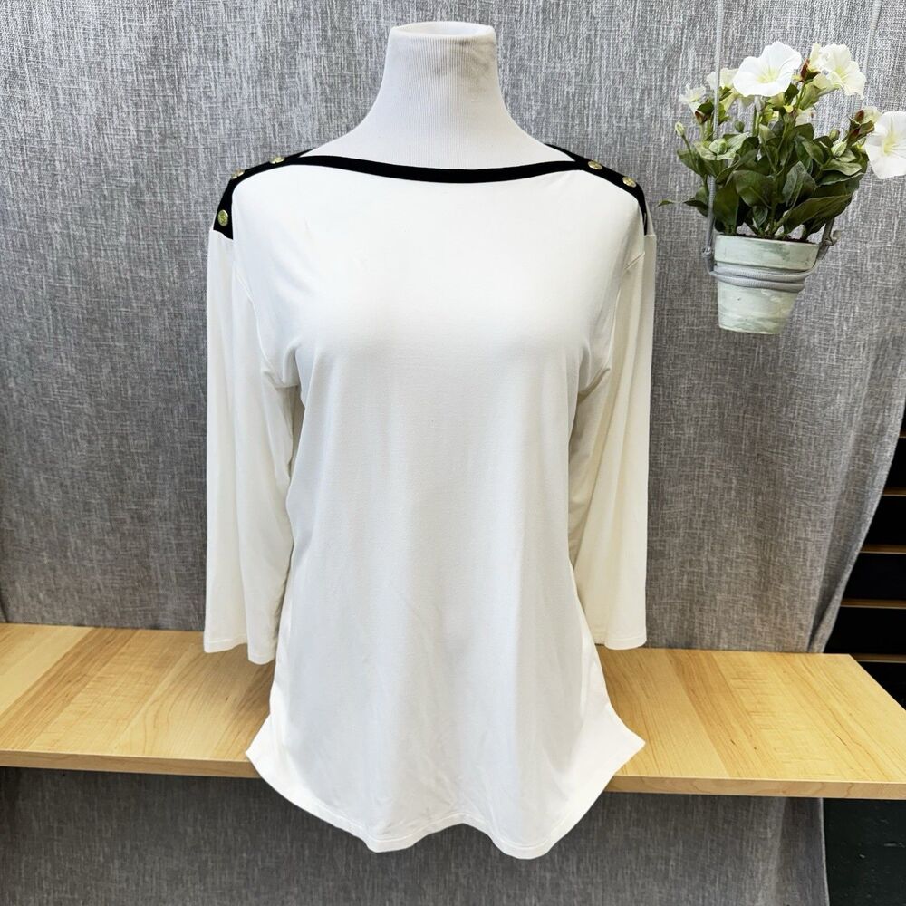 Liz Claiborne Women's Large White Boat Neck Top Gold Shoulder Buttons 3/4 Sleeve